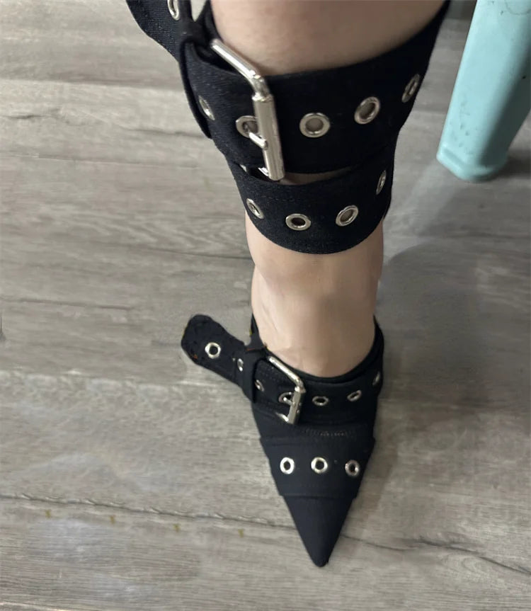 SLSHLYJ Denim Rivet Over-the-Knee Boots – 12cm Heels, Punk Silver Buckle