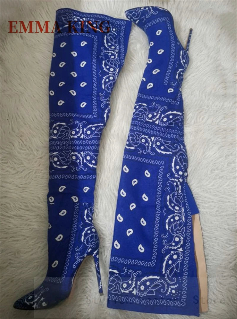 Thigh-High Bandana Print Boots – Sexy Pointed Toe Stiletto Heels