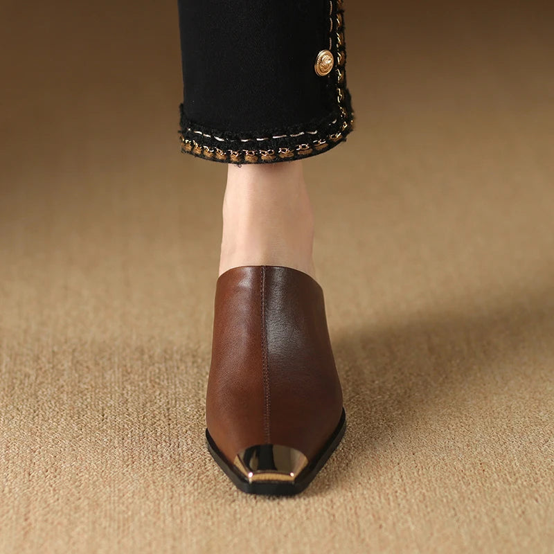 HOLY JASMINE Women’s Genuine Leather Metal-Head Mules – Summer Medium Wedge Heels