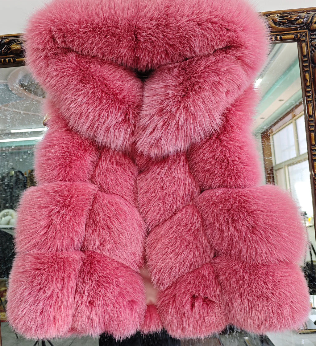 Real Silver Fox Fur Vest – Hooded Genuine Leather Sleeveless Jacket for Women