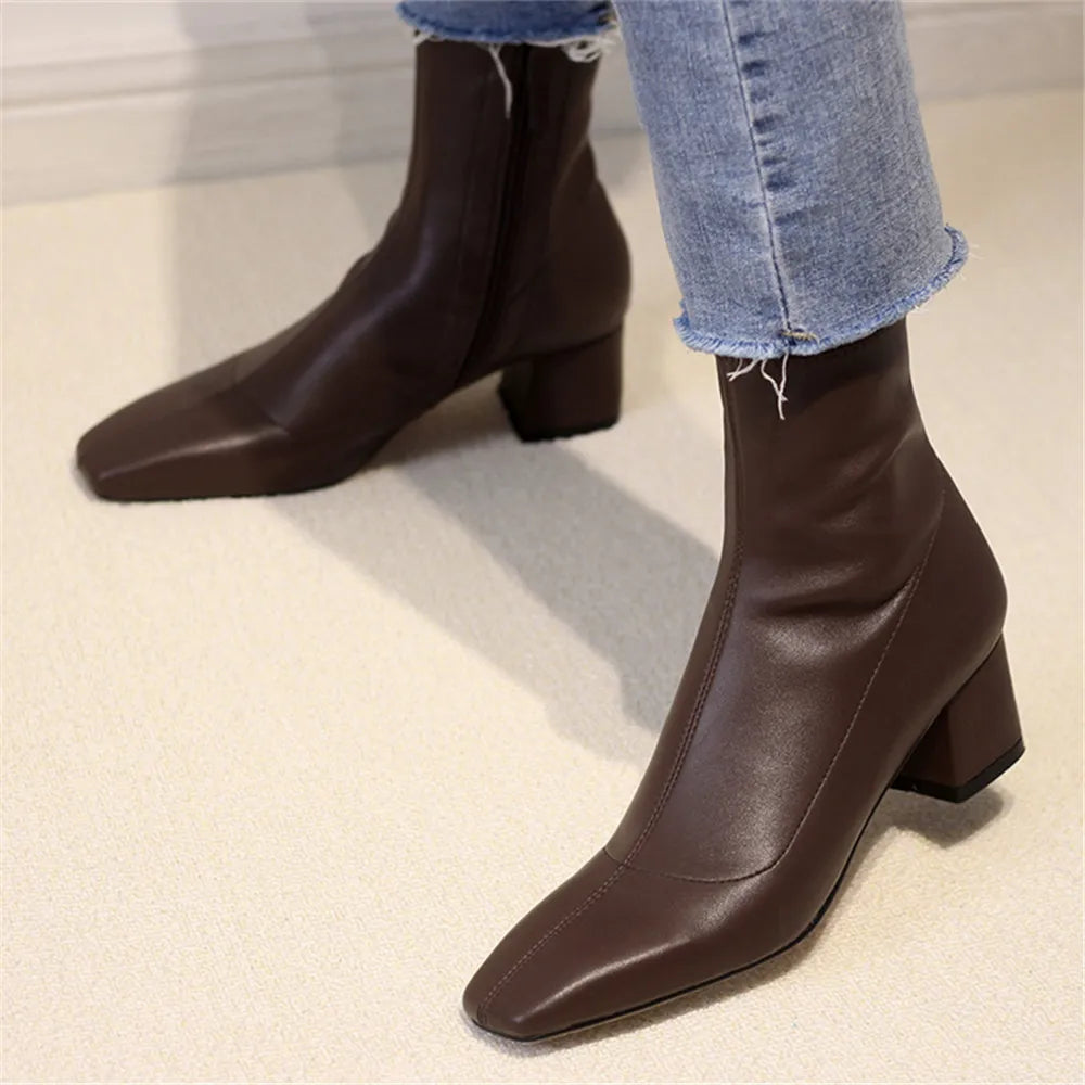Diane Lockhart Square Toe Elastic Ankle Boots – Chic Thick-Heeled Bare Booties for Women