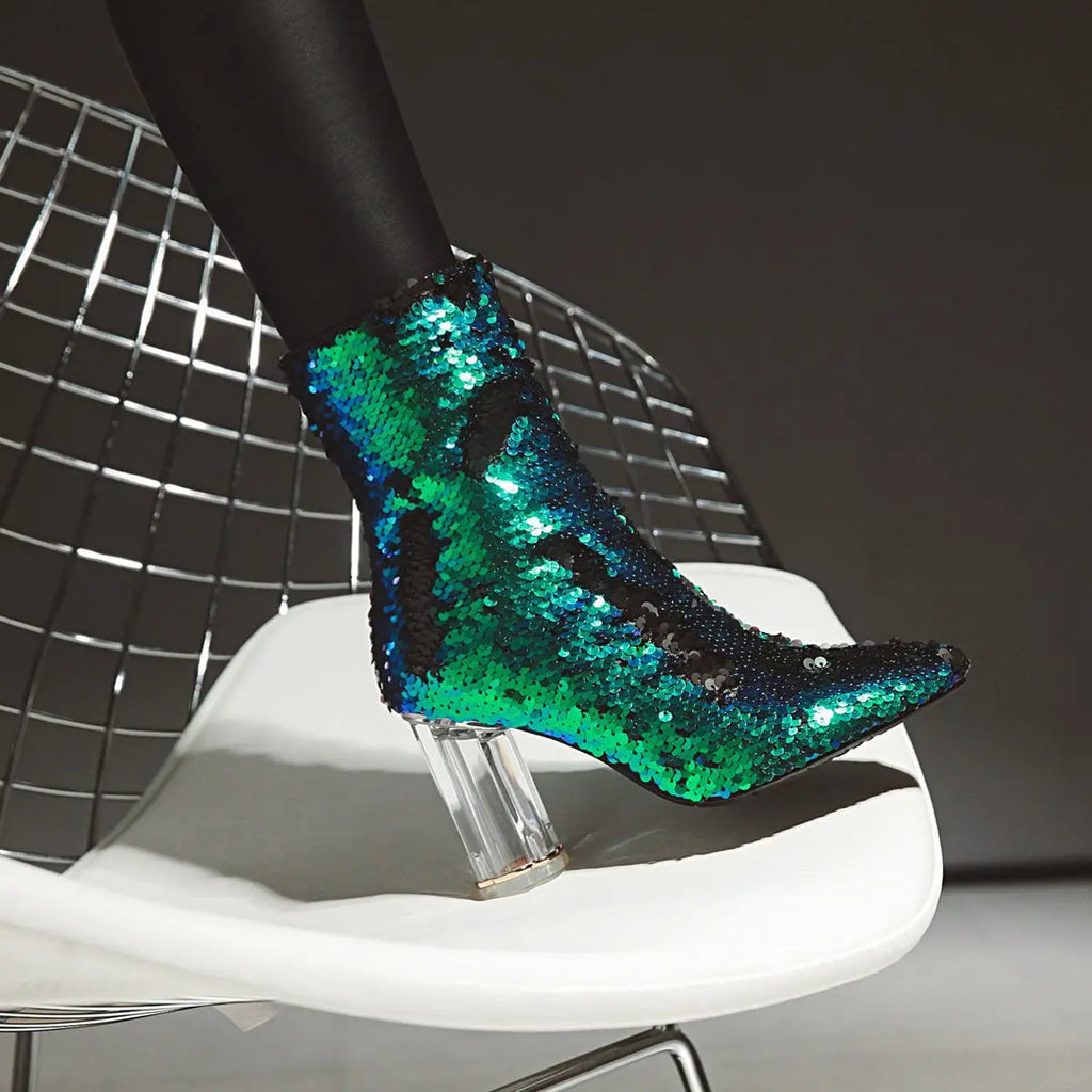 Sequined Short Boots – Women’s Bling Chunk Heel Pointed Toe Ankle Booties