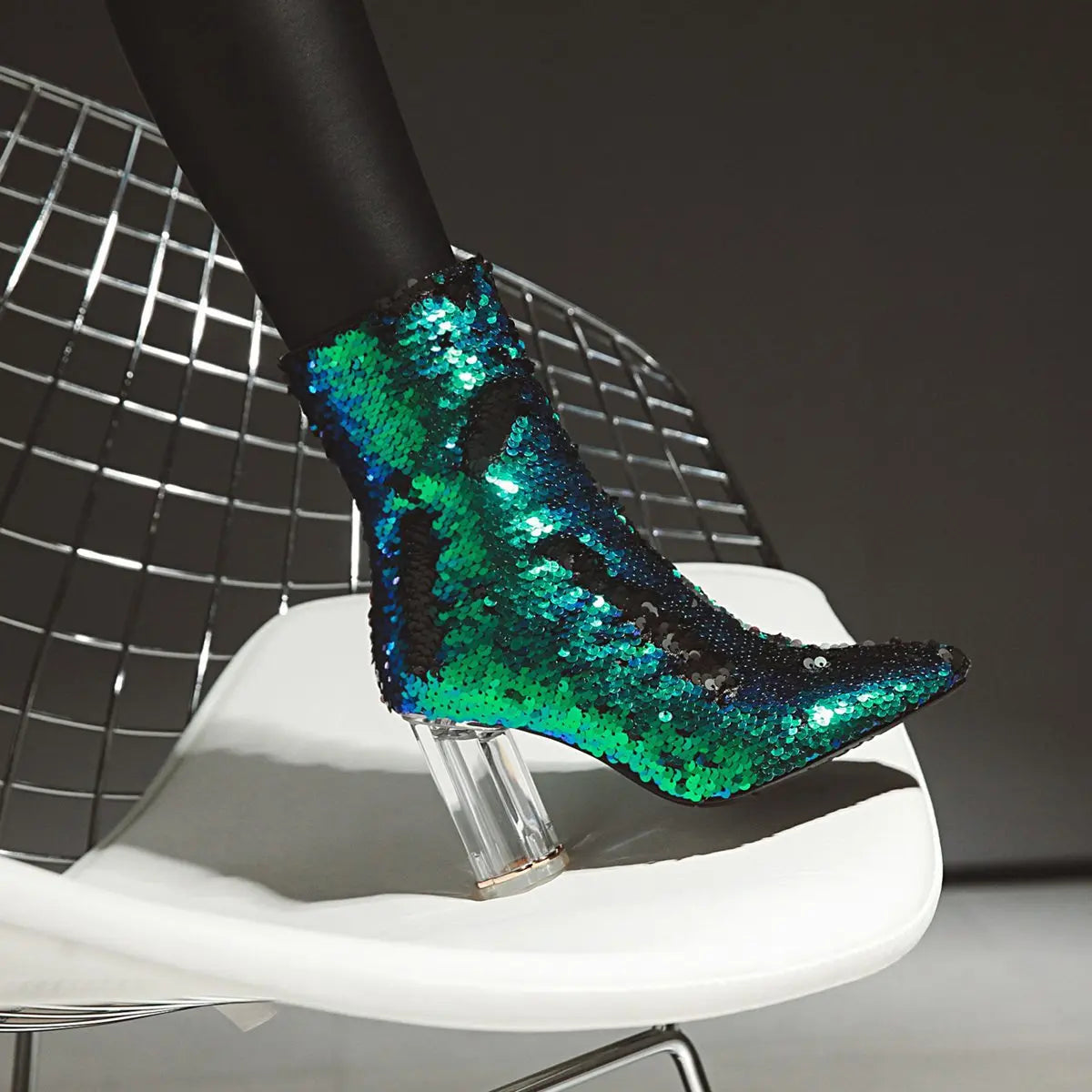 Sequined Short Boots – Women’s Bling Chunk Heel Pointed Toe Ankle Booties