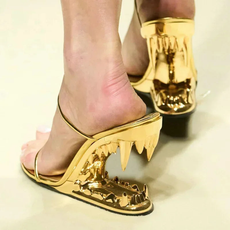 Teeth-Shaped Open-Toe Slippers with Unique Sloping Heel Design