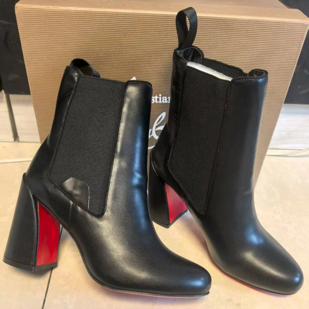 Hemegot Black Leather Red Sole High Heel Boots –