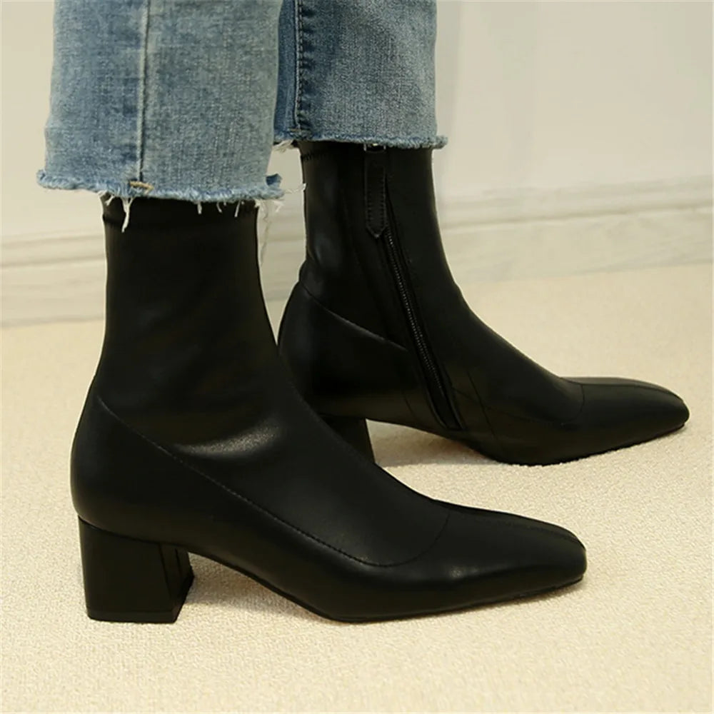 Diane Lockhart Square Toe Elastic Ankle Boots – Chic Thick-Heeled Bare Booties for Women