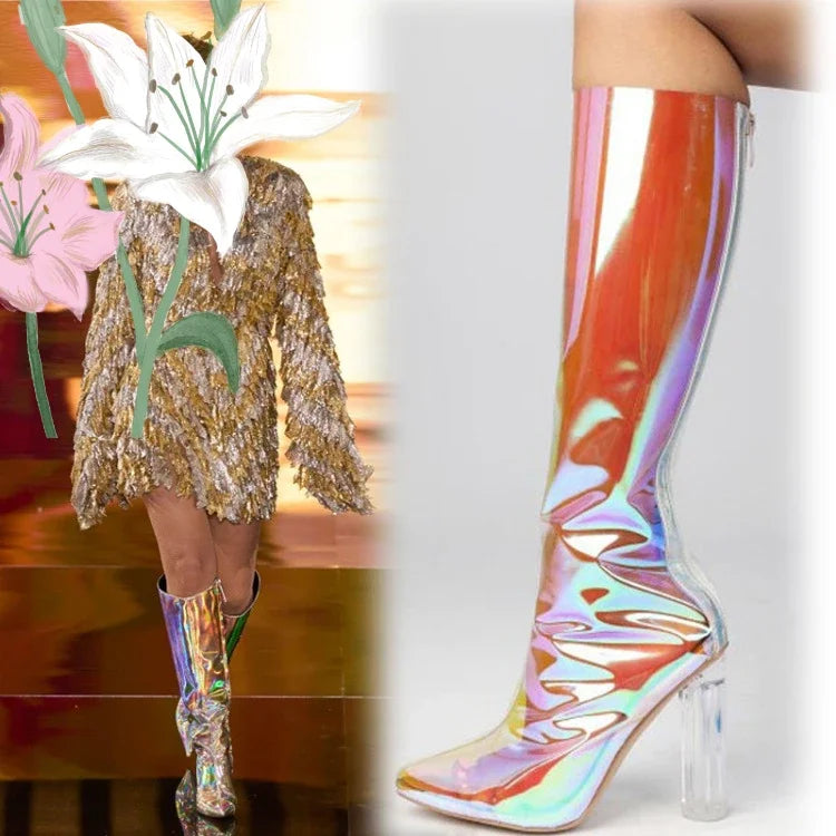 Sexy Pointed Crystal Transparent Knee-High Boots