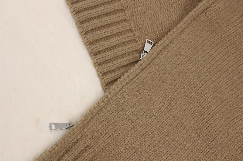 Real Fox Fur Hooded Sweater – Loose Knit Zipper Cardigan