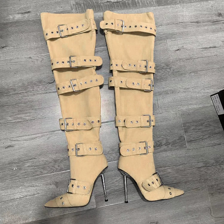 SLSHLYJ Denim Rivet Over-the-Knee Boots – 12cm Heels, Punk Silver Buckle