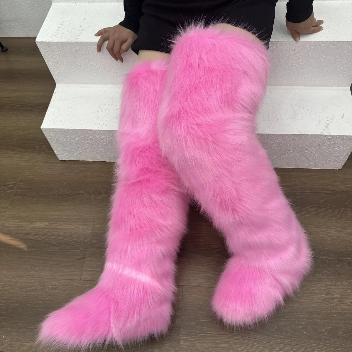 Faux Mongolian Thigh-High Boots Winter Warm Faux Fur Flat Over-the-Knee