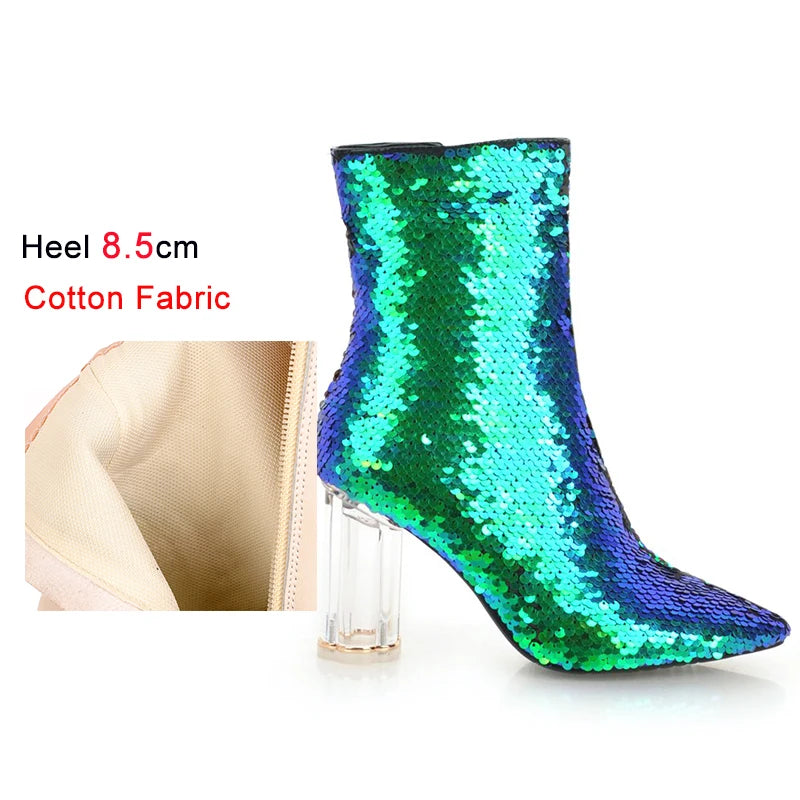 Sequined Short Boots – Women’s Bling Chunk Heel Pointed Toe Ankle Booties