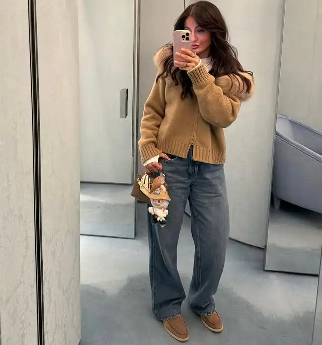 Real Fox Fur Hooded Sweater – Loose Knit Zipper Cardigan