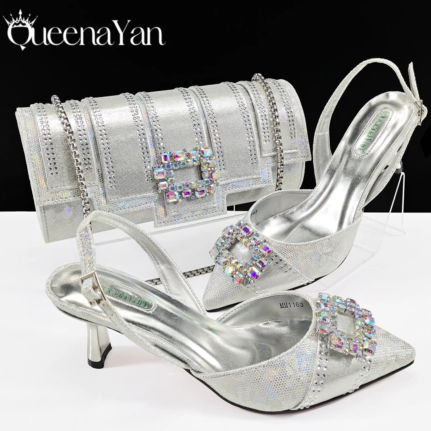 Marrakchi Block Heels & Rhinestone Bag Set – Elegant Party Collection