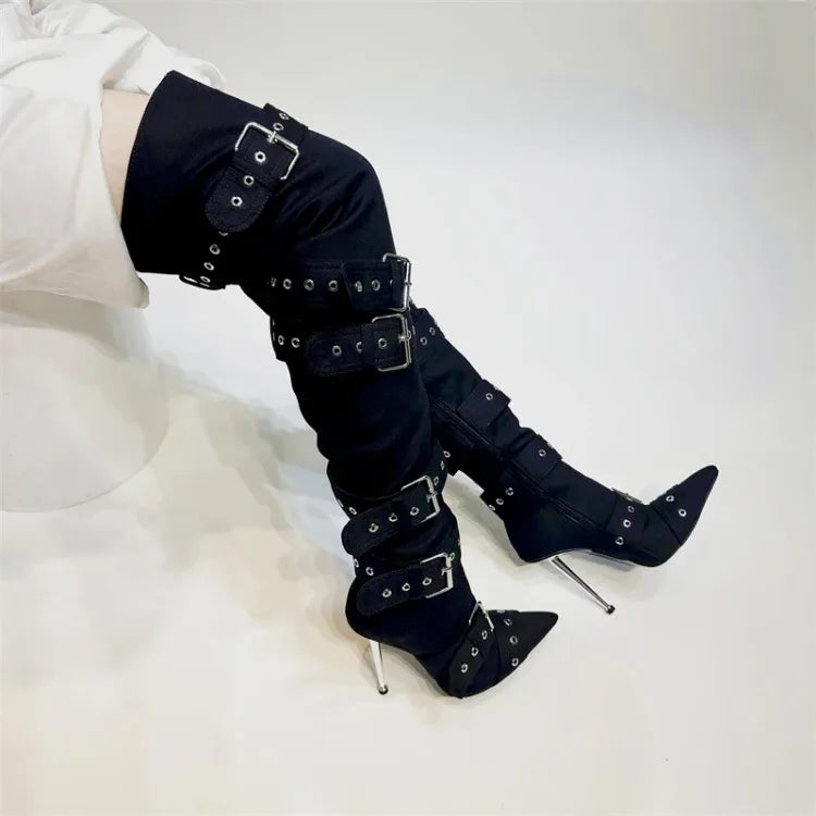 SLSHLYJ Denim Rivet Over-the-Knee Boots – 12cm Heels, Punk Silver Buckle