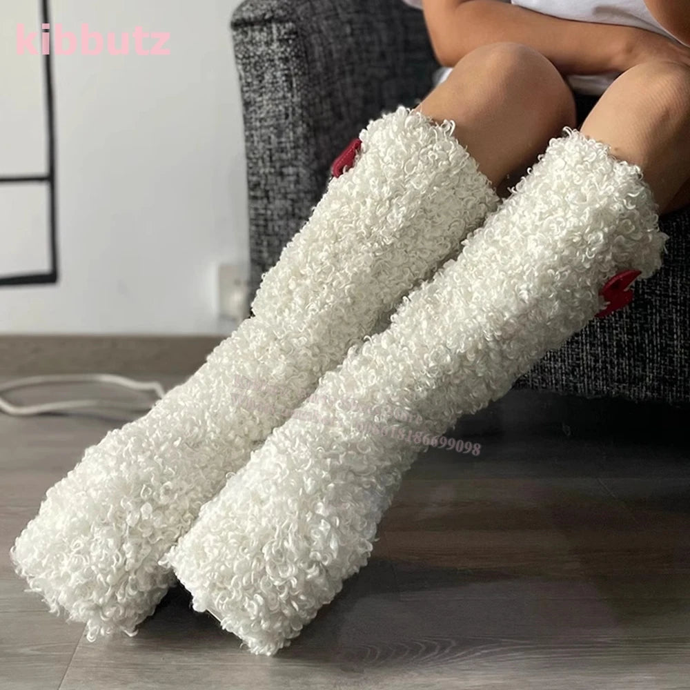 Kibbutz Women’s Lamb’s Wool Knee-High Boots – Warm Snow Fur Bowknot Platform Shoes