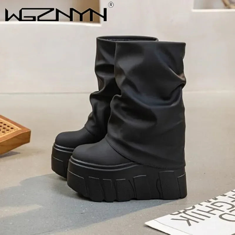 Calf Ankle Booties – PU Leather Motorcycle Boots with Platform, Winter 2025