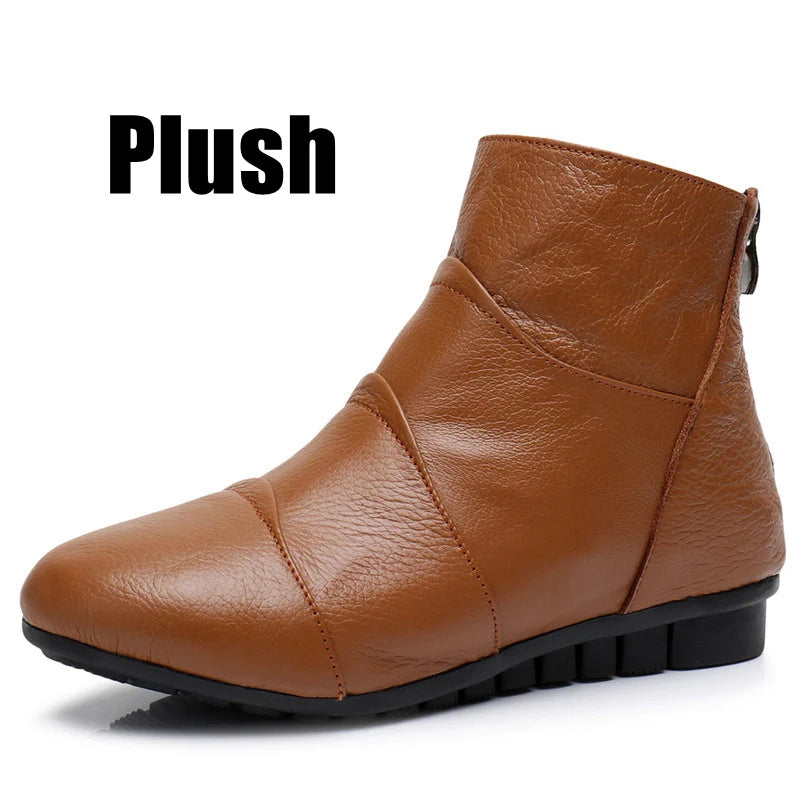 WOIZGIC Women’s Genuine Leather Platform Ankle Boots Zipper Warm Plush Autumn Winter