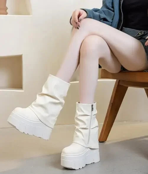 Calf Ankle Booties – PU Leather Motorcycle Boots with Platform, Winter 2025