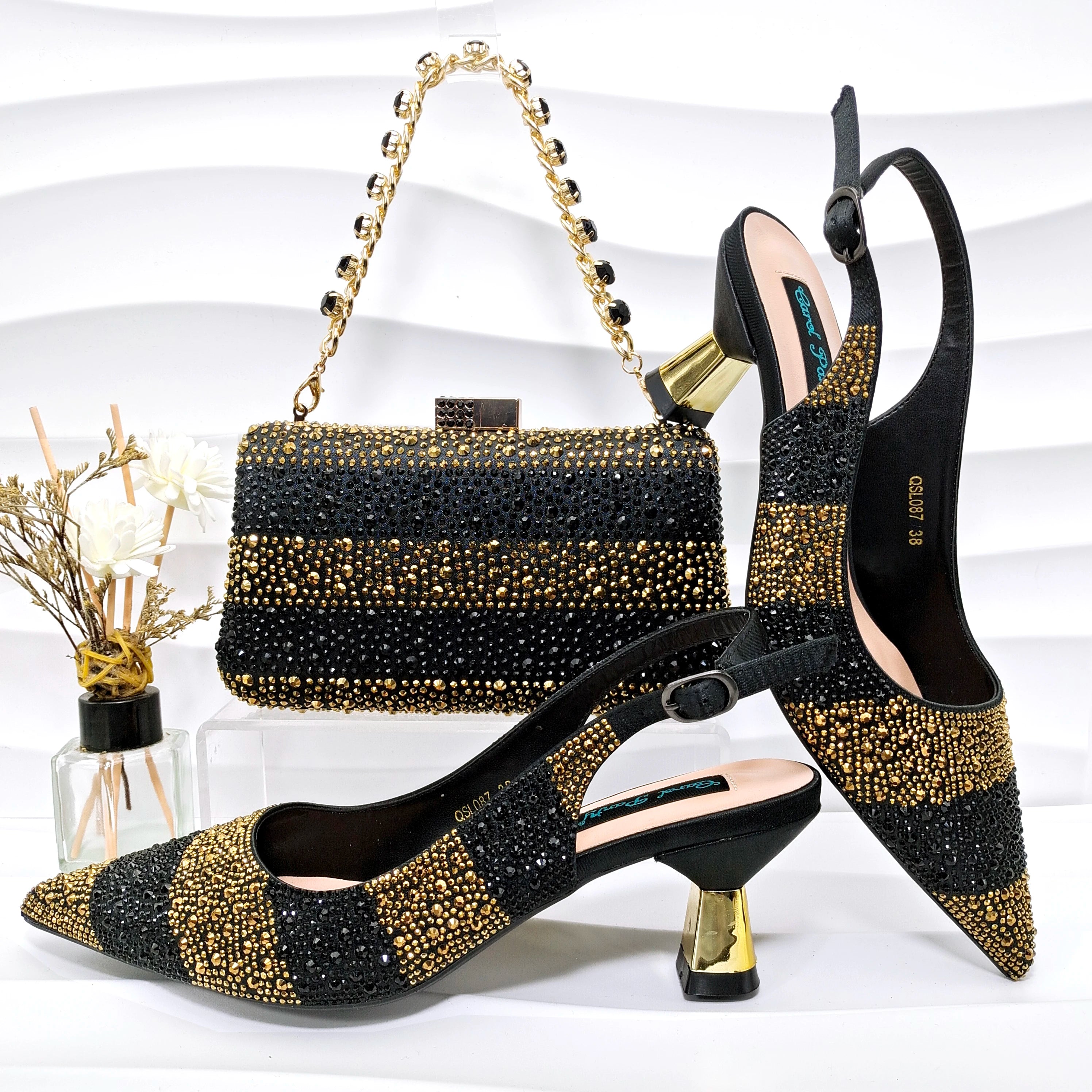 Rhinestone Satin Pumps & Clutch Set – Italian-Inspired Elegance