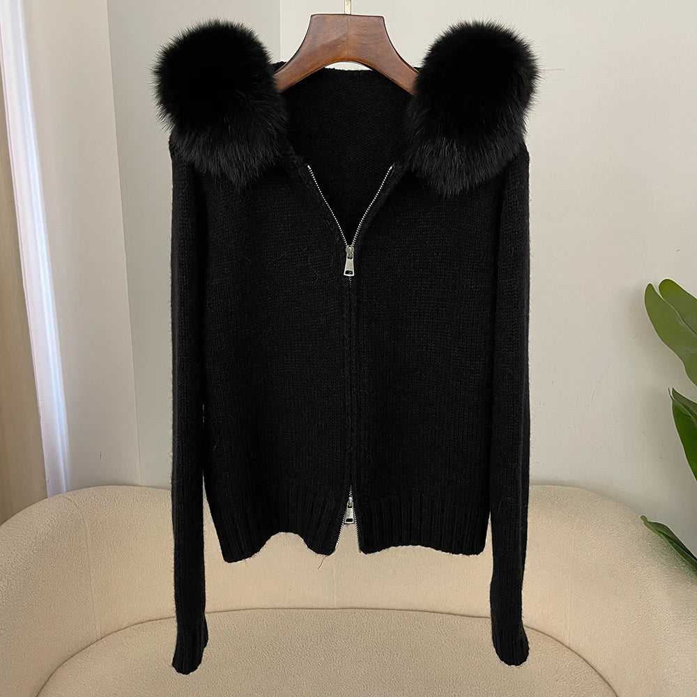 Real Fox Fur Hooded Sweater – Loose Knit Zipper Cardigan