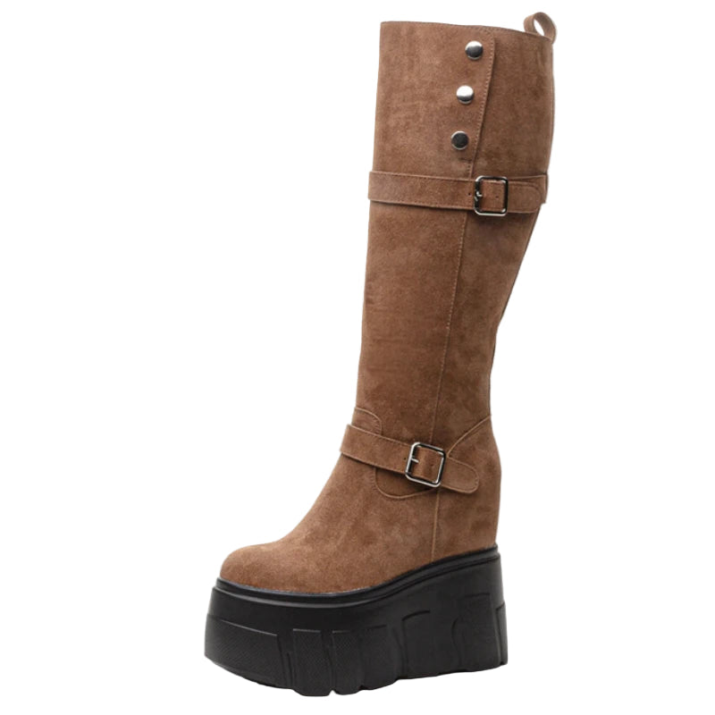 Brown knee-high boot with buckles on a white background, featuring the Fujin brand.