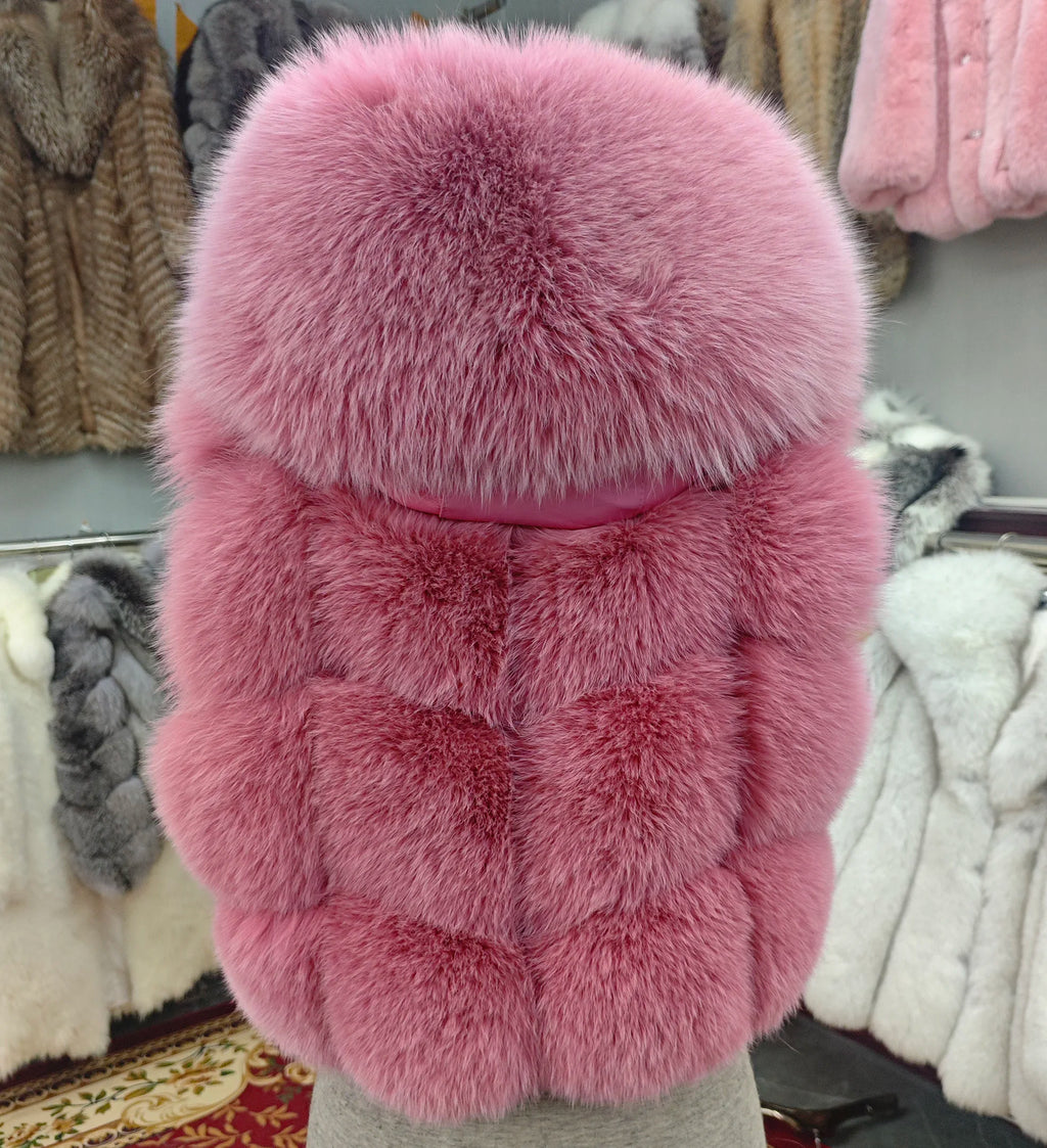 Real Silver Fox Fur Vest – Hooded Genuine Leather Sleeveless Jacket for Women