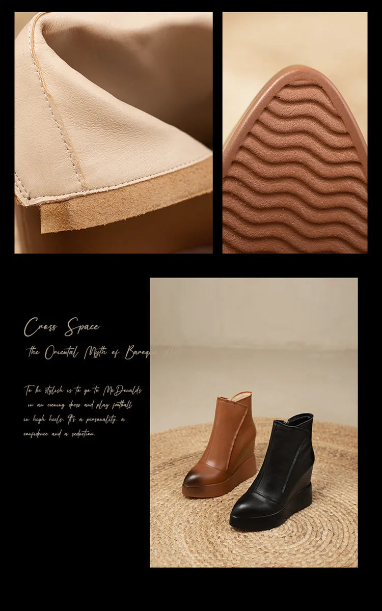MKKHOU Genuine Leather Pointed Toe Wedge Boots