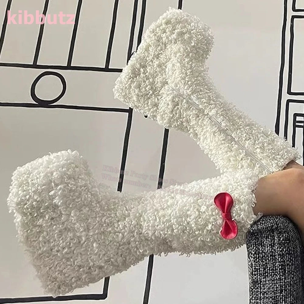 Kibbutz Women’s Lamb’s Wool Knee-High Boots – Warm Snow Fur Bowknot Platform Shoes