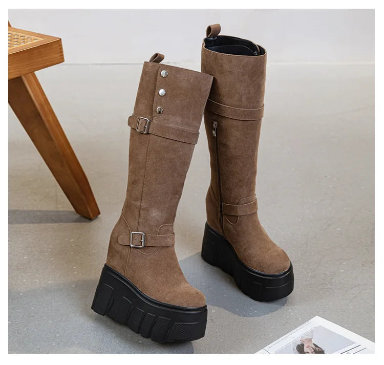 Motorcycle Boots – Microfiber & Synthetic Leather Platform Wedges, Spring/Autumn