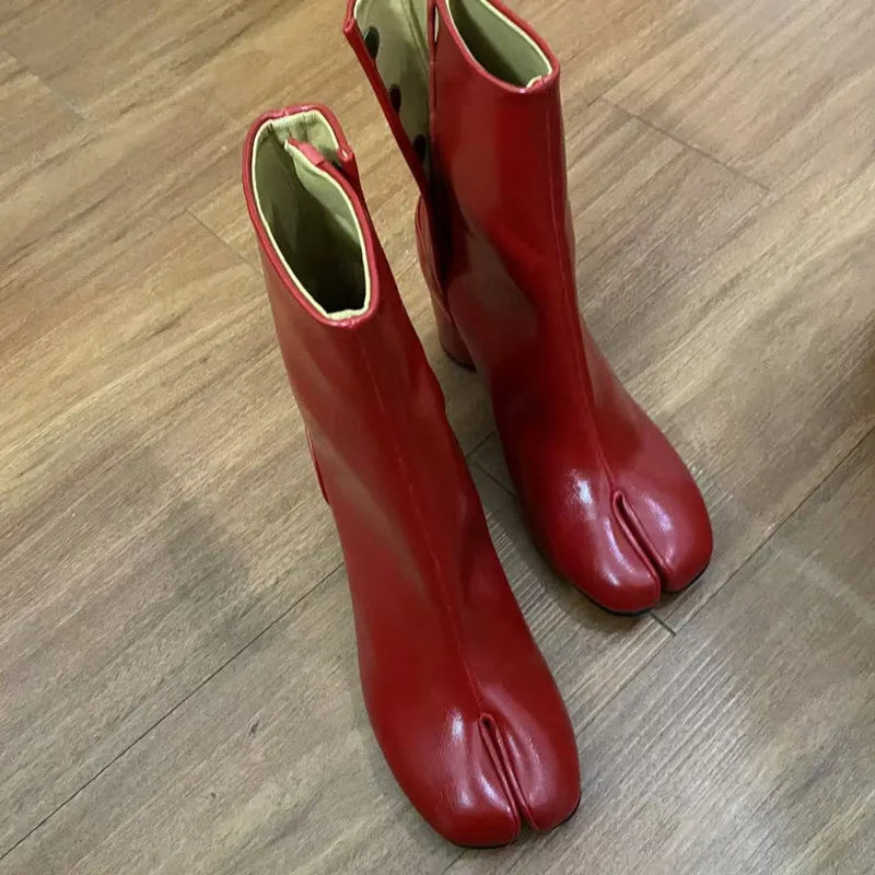 Women’s Split-Toe Tabi Ankle Boots – Chunky High Heel Chelsea Short Booties
