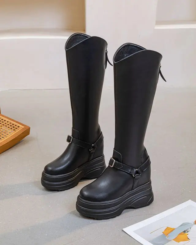 Fujin Women’s Microfiber Leather Ankle Boots – 11cm Chunky Wedge Heels