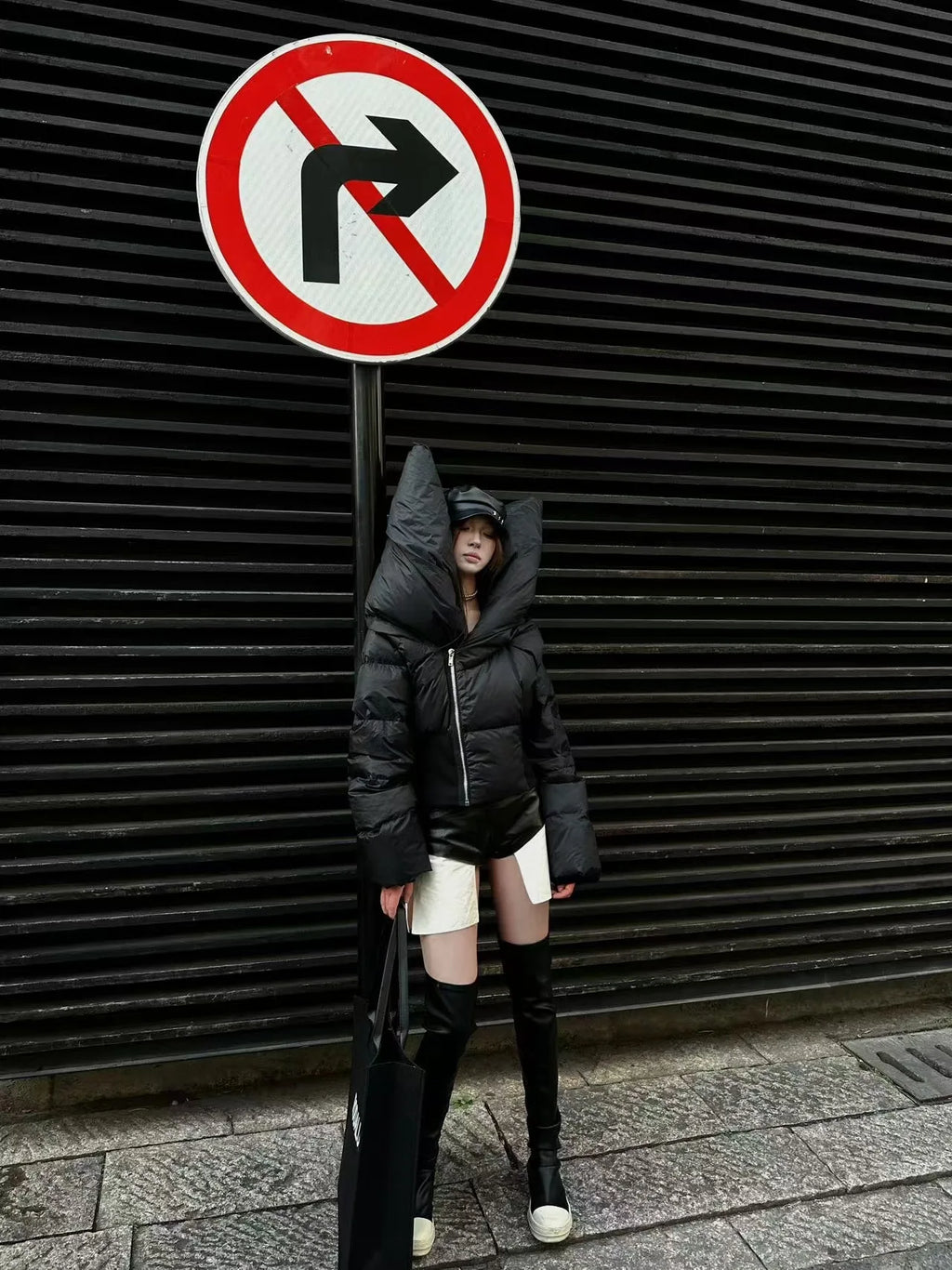 HKSH Asymmetrical Short Down Jacket – Stand Collar Dark Style Winter Coat for Women