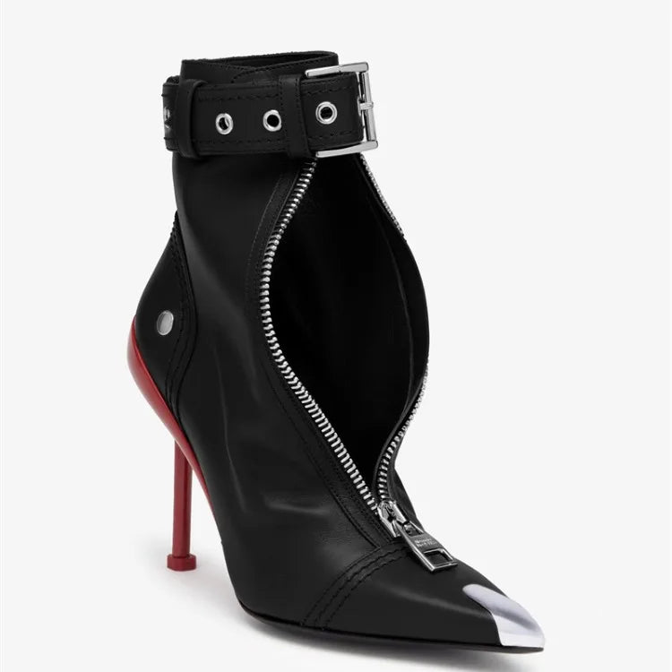 Pointed Ankle Boots – Belt Buckle & Front Zipper,