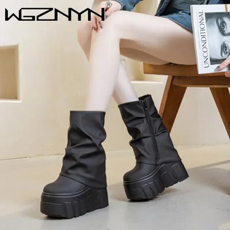 Calf Ankle Booties – PU Leather Motorcycle Boots with Platform, Winter 2025