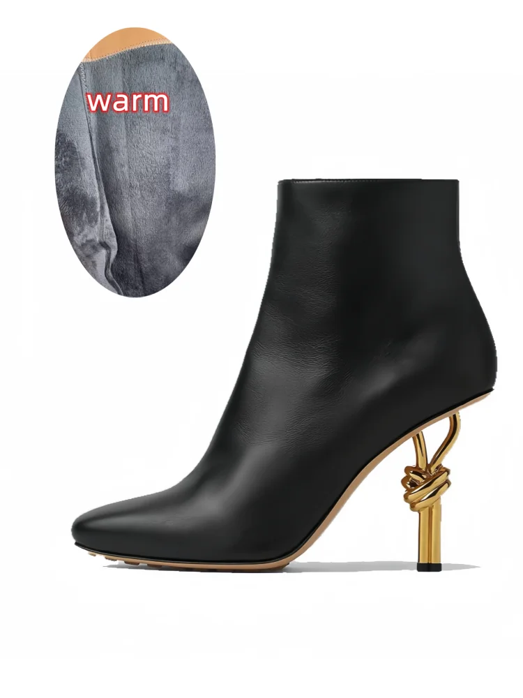 Thermal Square Toe Ankle Boots – Metal Knot Heel Stiletto Boots for Women