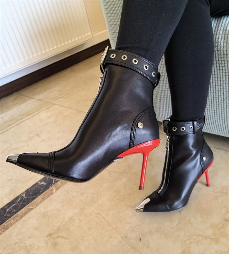 Pointed Ankle Boots – Belt Buckle & Front Zipper,