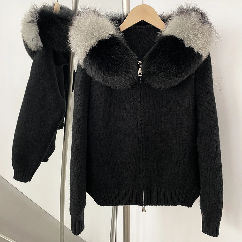 Real Fox Fur Hooded Sweater – Loose Knit Zipper Cardigan