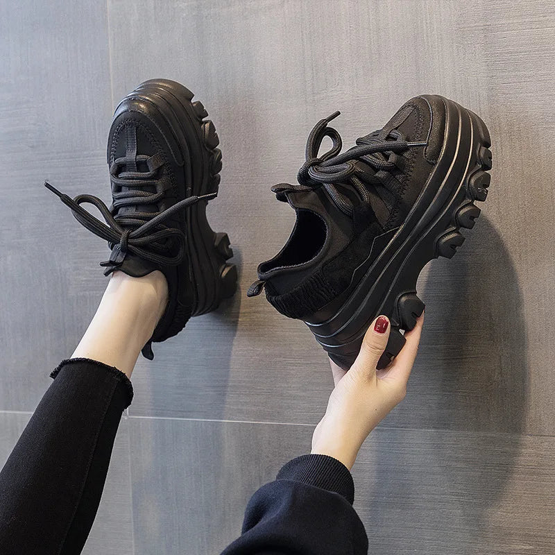 Fujin 9cm Platform Leather Wedge Sneakers – Chunky Breathable Shoes