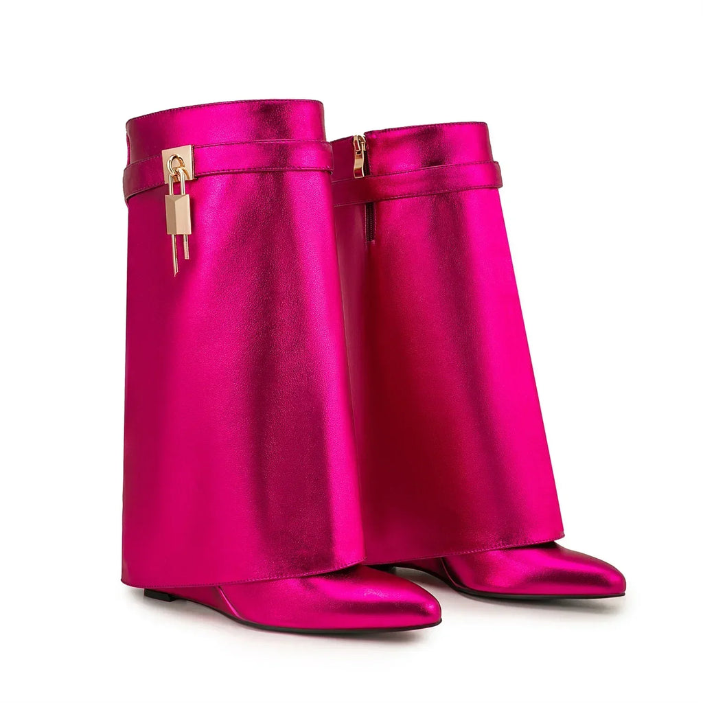 Luxury Ankle Boots – Shark Buckle Strap, Metal Accent, Thick Platform High Heels