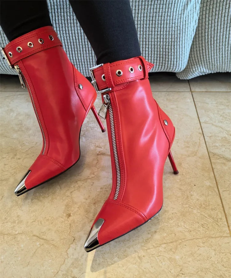 Pointed Ankle Boots – Belt Buckle & Front Zipper,