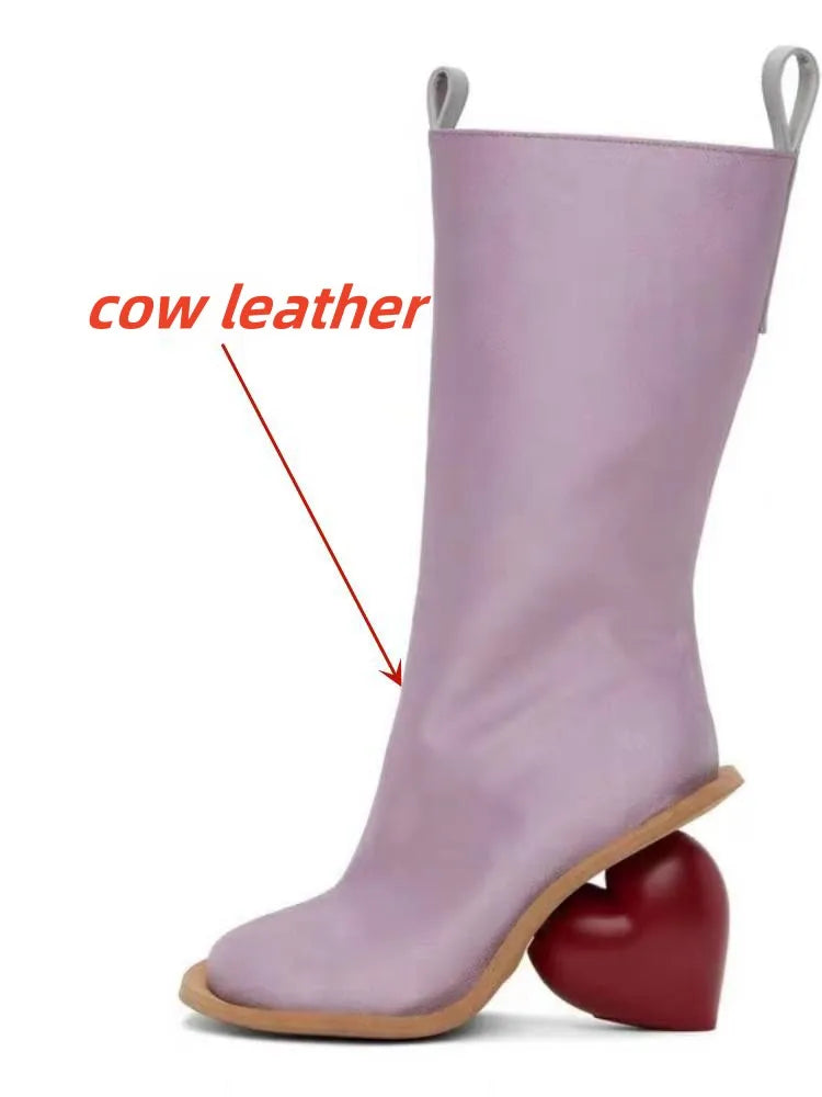 2024 Genuine Leather Mid-Calf Boots for Women – Round Toe High Heels