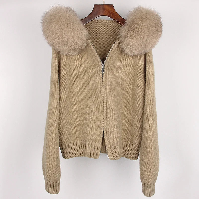 Real Fox Fur Hooded Sweater – Loose Knit Zipper Cardigan