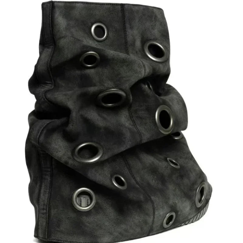 Roman Style Mid-Calf Boots – Thick Bottom, Metal Hole Detail, Slip-On Comfort