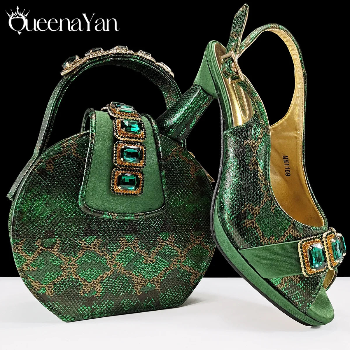 Elegant Green Peep-Toe Heels & Matching Bag Set