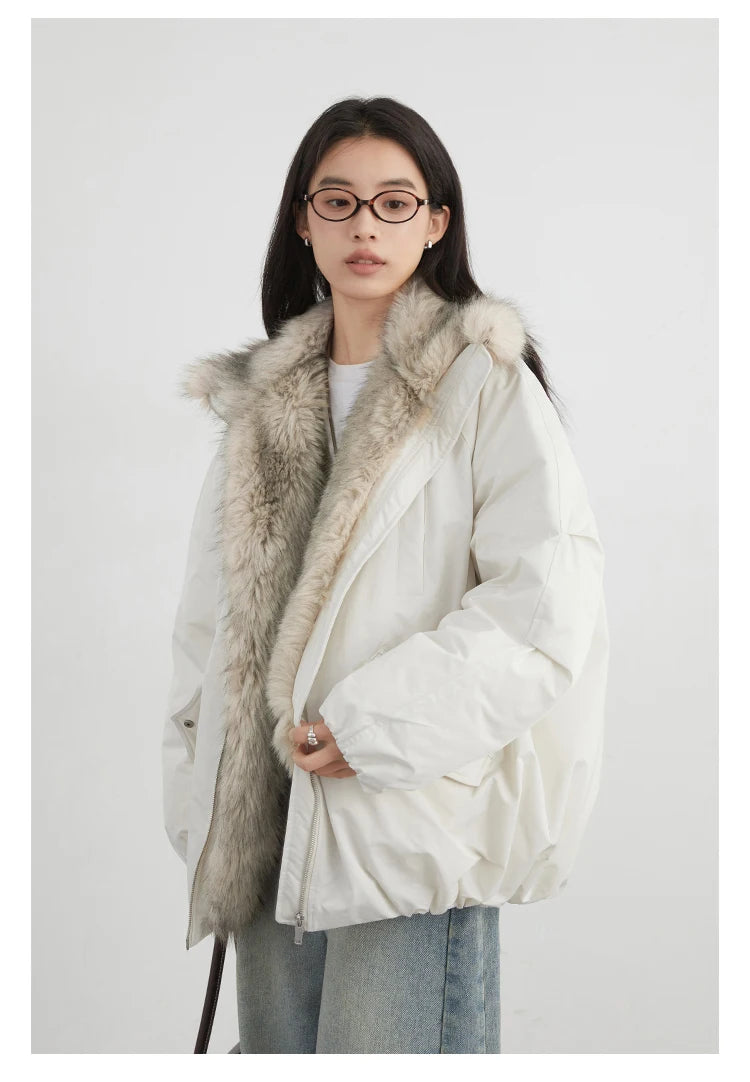 Korean Women’s Down Coat – Loose Hooded Jacket with Faux Fur Collar, 90% White Duck Down, Autumn/Winter 2025