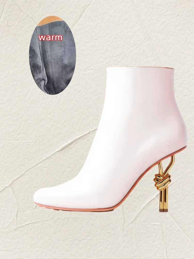 Thermal Square Toe Ankle Boots – Metal Knot Heel Stiletto Boots for Women
