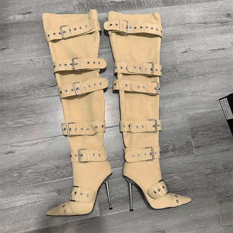 SLSHLYJ Denim Rivet Over-the-Knee Boots – 12cm Heels, Punk Silver Buckle