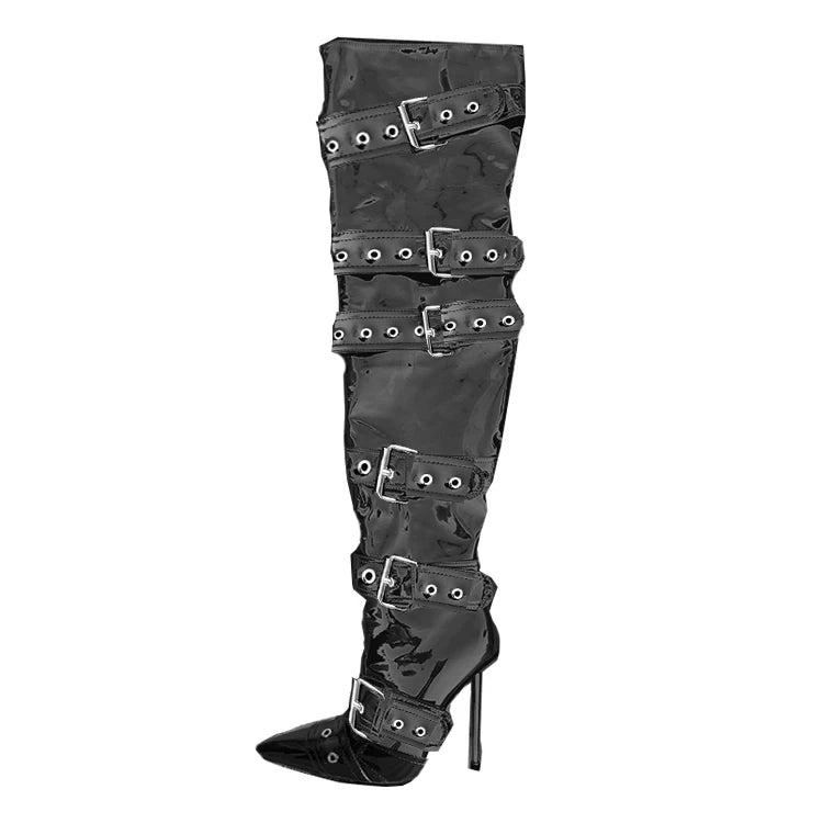 SLSHLYJ Denim Rivet Over-the-Knee Boots – 12cm Heels, Punk Silver Buckle