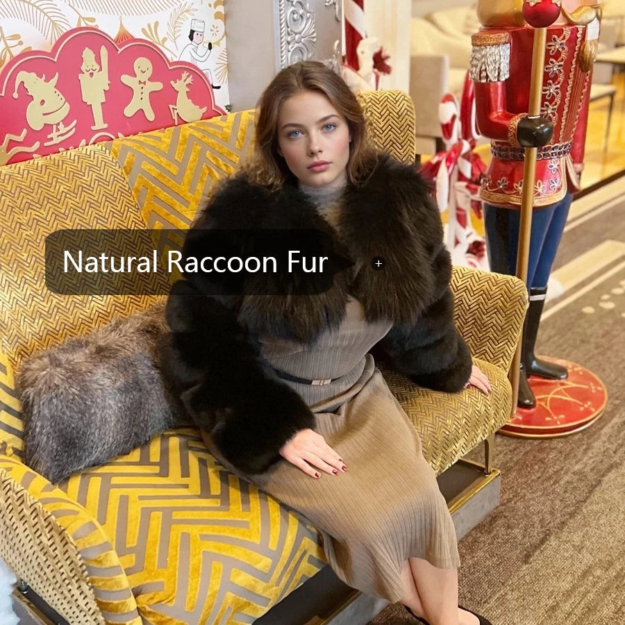 Cropped Real Raccoon Fur Jacket – Short Luxury Bomber Coat for Women