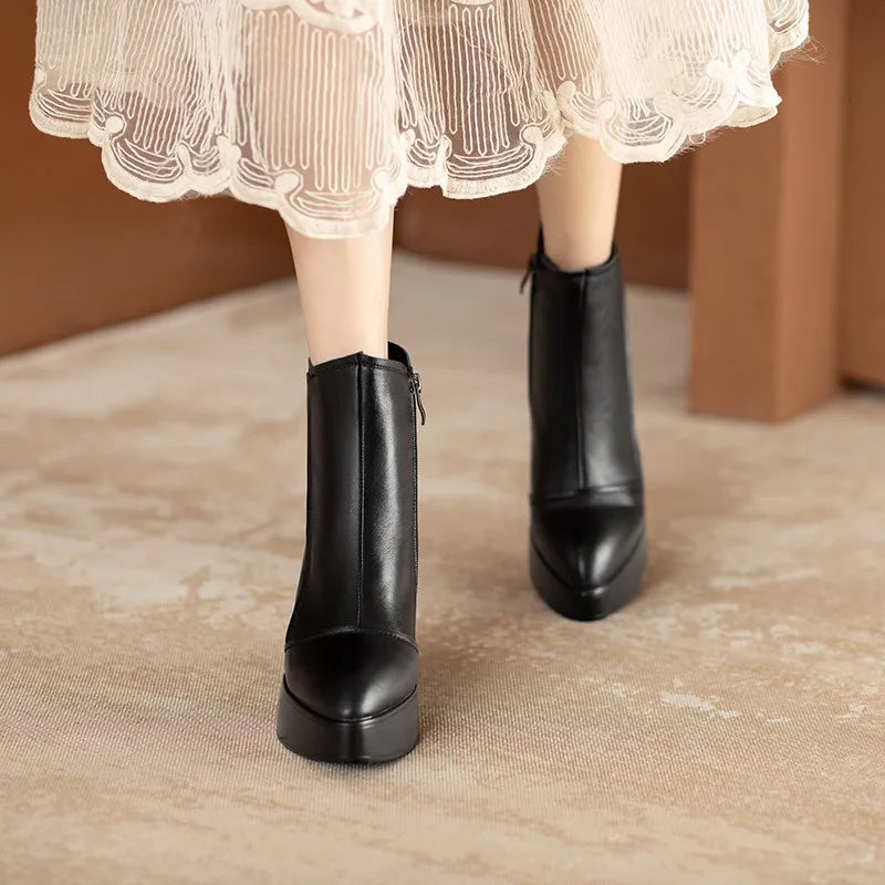 MKKHOU Genuine Leather Pointed Toe Wedge Boots